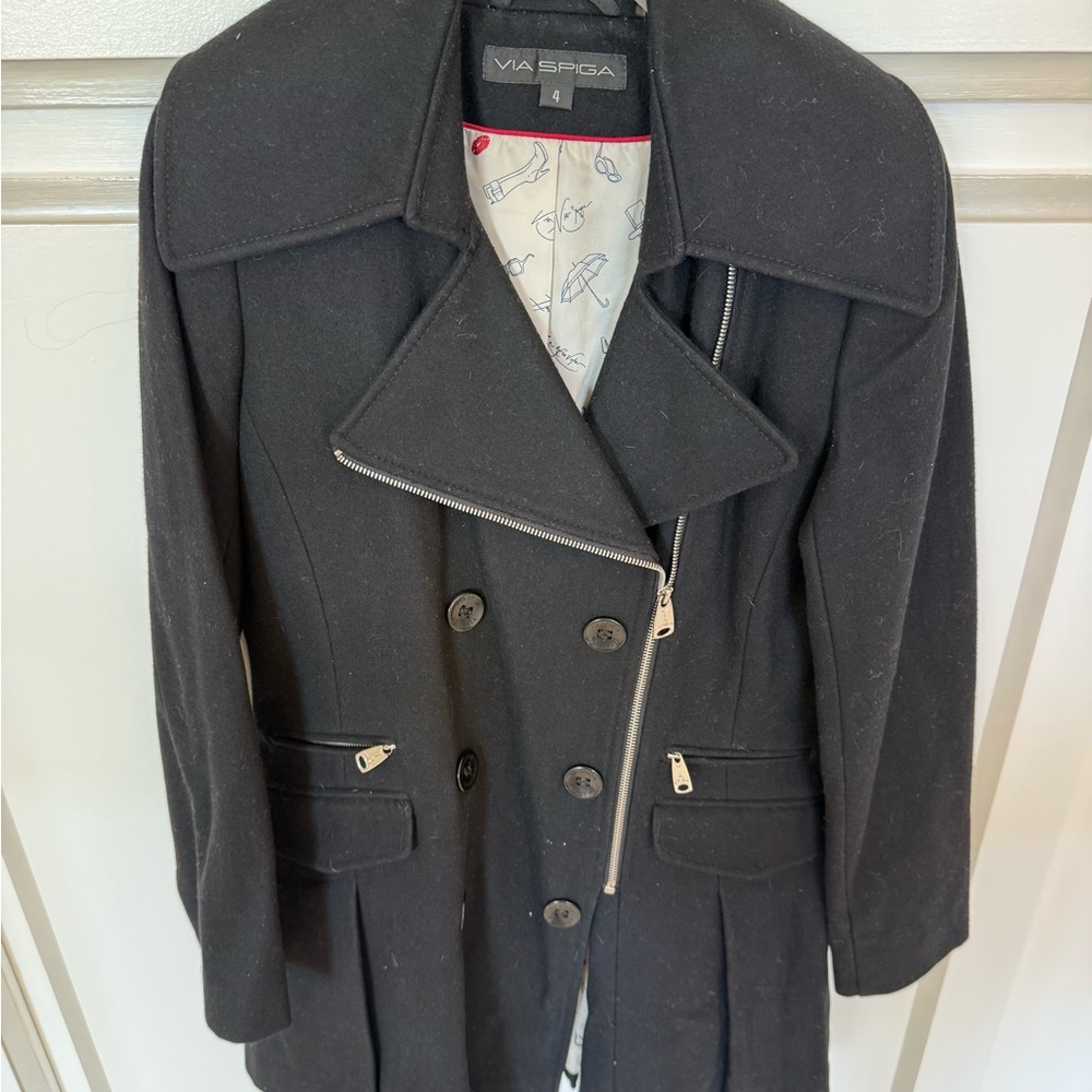 Via Spiga Black Wool Double-Breasted Pea Coat with Asymmetrical Zip